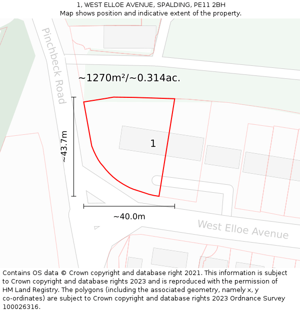 1, WEST ELLOE AVENUE, SPALDING, PE11 2BH: Plot and title map