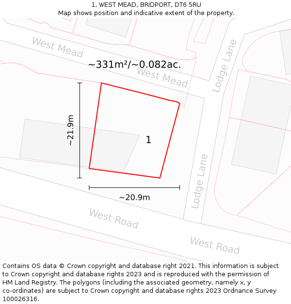 1, WEST MEAD, BRIDPORT, DT6 5RU: Plot and title map