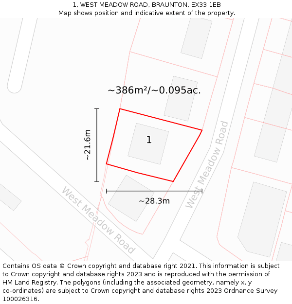 1, WEST MEADOW ROAD, BRAUNTON, EX33 1EB: Plot and title map