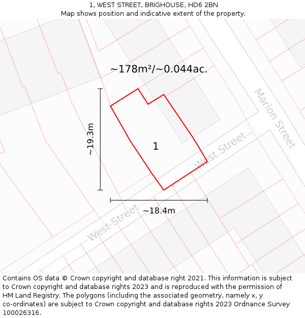 1, WEST STREET, BRIGHOUSE, HD6 2BN: Plot and title map