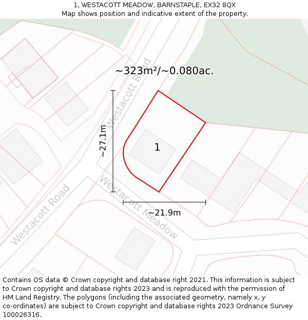 1, WESTACOTT MEADOW, BARNSTAPLE, EX32 8QX: Plot and title map