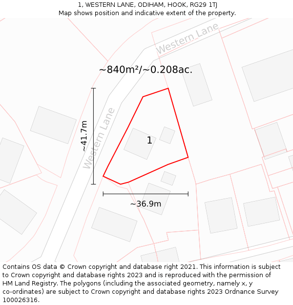 1, WESTERN LANE, ODIHAM, HOOK, RG29 1TJ: Plot and title map