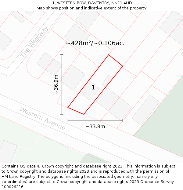 1, WESTERN ROW, DAVENTRY, NN11 4UD: Plot and title map