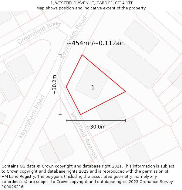 1, WESTFIELD AVENUE, CARDIFF, CF14 1TT: Plot and title map