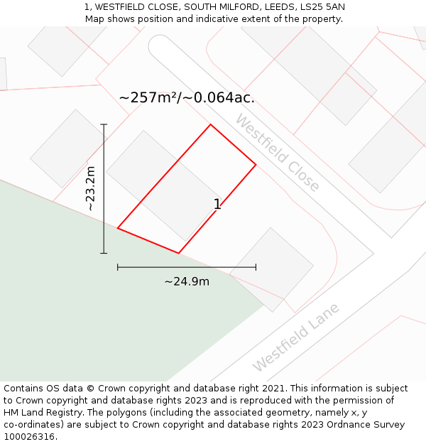 1, WESTFIELD CLOSE, SOUTH MILFORD, LEEDS, LS25 5AN: Plot and title map
