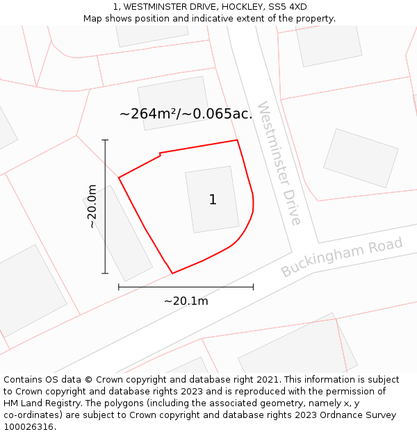 1, WESTMINSTER DRIVE, HOCKLEY, SS5 4XD: Plot and title map