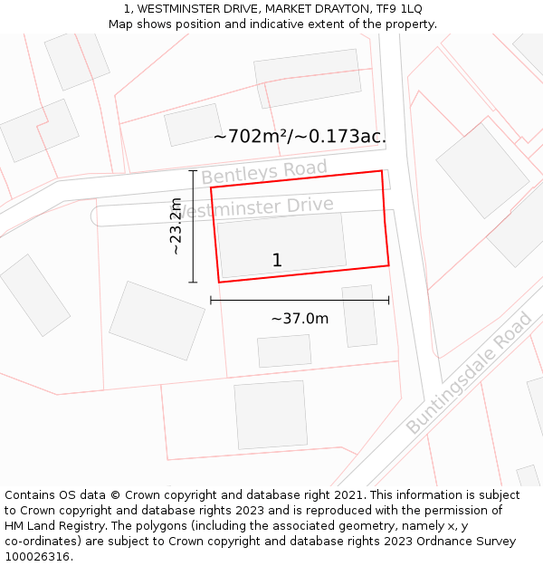 1, WESTMINSTER DRIVE, MARKET DRAYTON, TF9 1LQ: Plot and title map