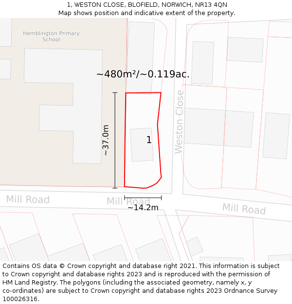 1, WESTON CLOSE, BLOFIELD, NORWICH, NR13 4QN: Plot and title map