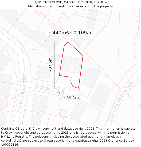 1, WESTON CLOSE, OADBY, LEICESTER, LE2 4UW: Plot and title map
