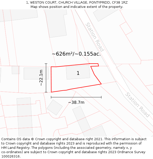 1, WESTON COURT, CHURCH VILLAGE, PONTYPRIDD, CF38 1RZ: Plot and title map