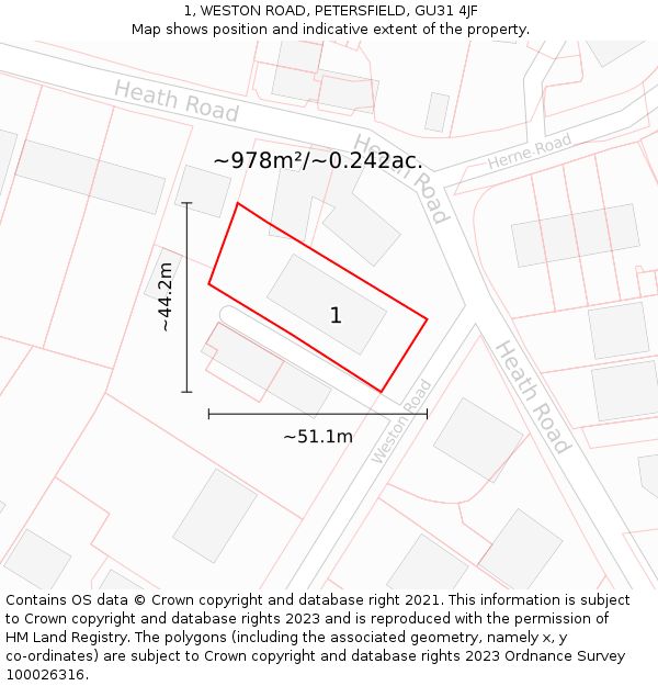 1, WESTON ROAD, PETERSFIELD, GU31 4JF: Plot and title map
