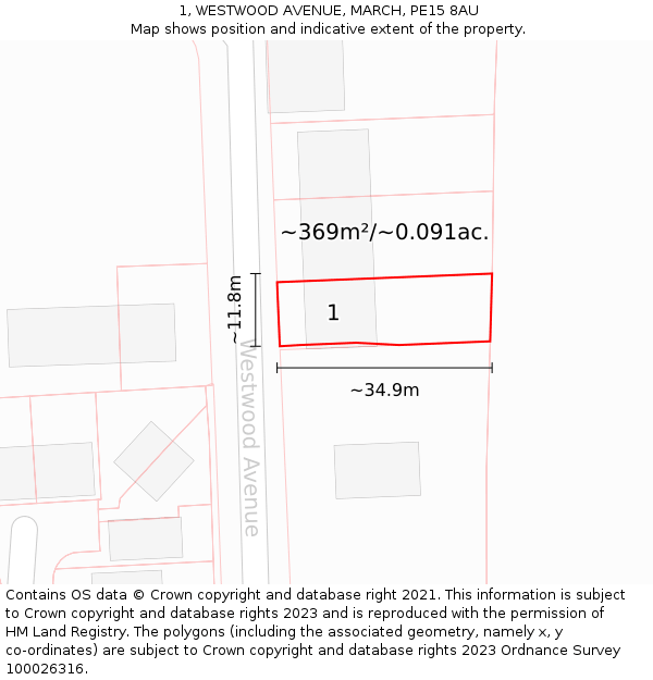 1, WESTWOOD AVENUE, MARCH, PE15 8AU: Plot and title map