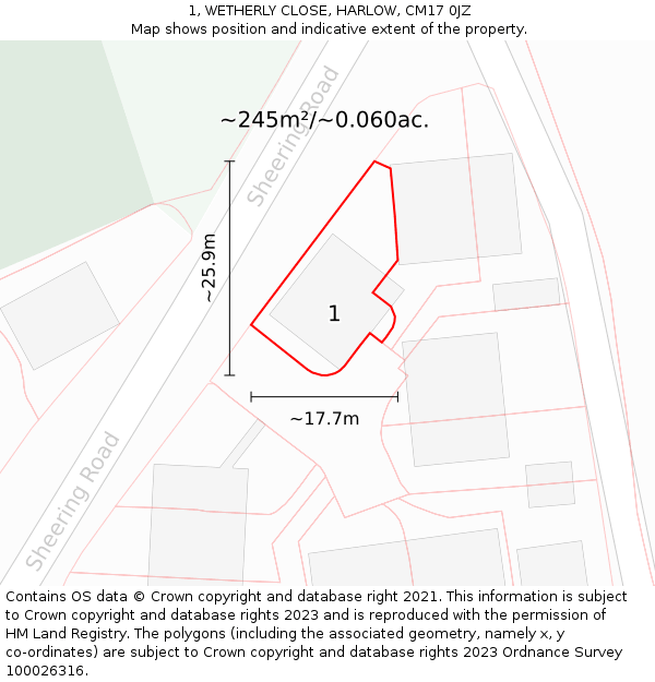 1, WETHERLY CLOSE, HARLOW, CM17 0JZ: Plot and title map