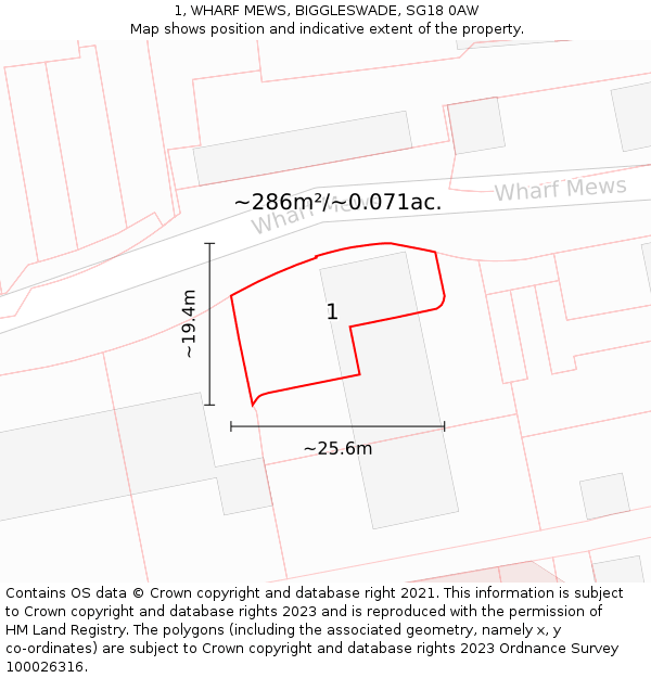 1, WHARF MEWS, BIGGLESWADE, SG18 0AW: Plot and title map