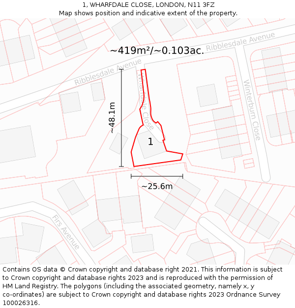 1, WHARFDALE CLOSE, LONDON, N11 3FZ: Plot and title map