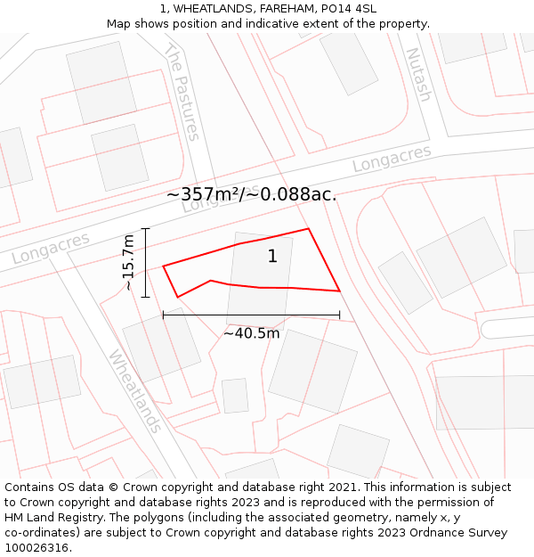 1, WHEATLANDS, FAREHAM, PO14 4SL: Plot and title map