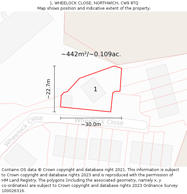 1, WHEELOCK CLOSE, NORTHWICH, CW9 8TQ: Plot and title map