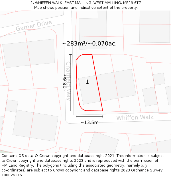 1, WHIFFEN WALK, EAST MALLING, WEST MALLING, ME19 6TZ: Plot and title map