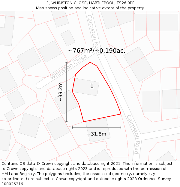 1, WHINSTON CLOSE, HARTLEPOOL, TS26 0PF: Plot and title map