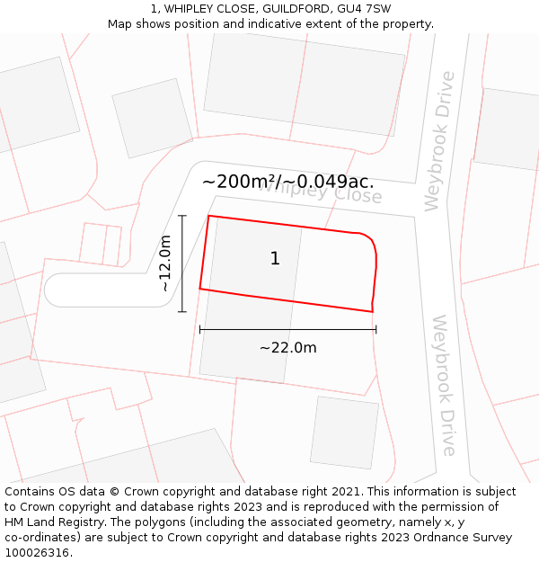 1, WHIPLEY CLOSE, GUILDFORD, GU4 7SW: Plot and title map