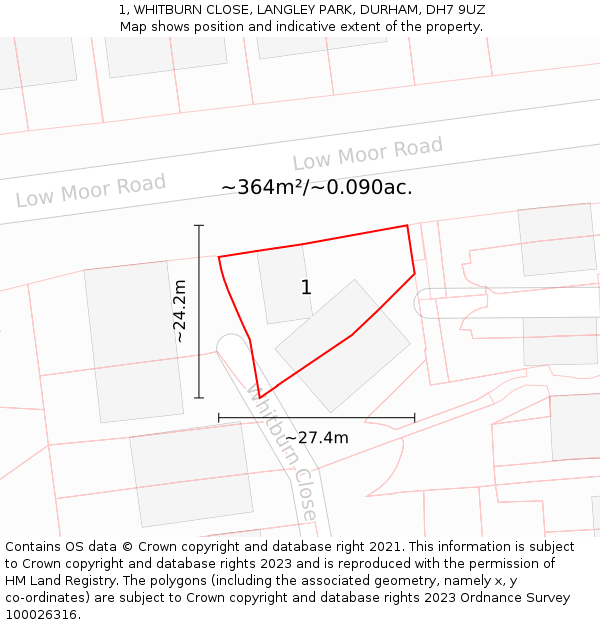 1, WHITBURN CLOSE, LANGLEY PARK, DURHAM, DH7 9UZ: Plot and title map