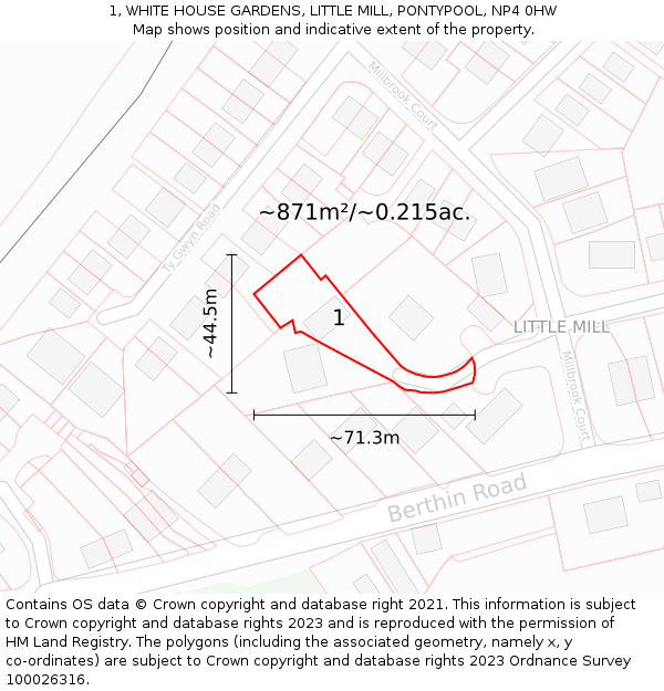 1, WHITE HOUSE GARDENS, LITTLE MILL, PONTYPOOL, NP4 0HW: Plot and title map