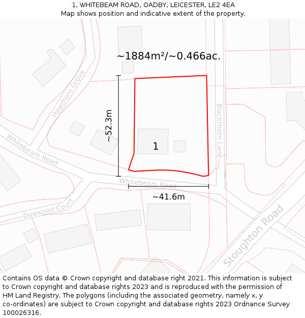 1, WHITEBEAM ROAD, OADBY, LEICESTER, LE2 4EA: Plot and title map