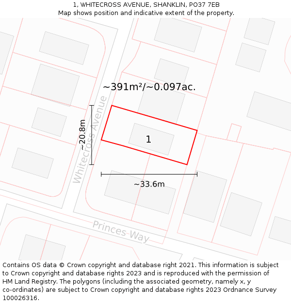 1, WHITECROSS AVENUE, SHANKLIN, PO37 7EB: Plot and title map