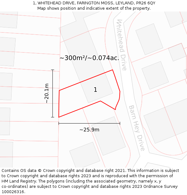 1, WHITEHEAD DRIVE, FARINGTON MOSS, LEYLAND, PR26 6QY: Plot and title map