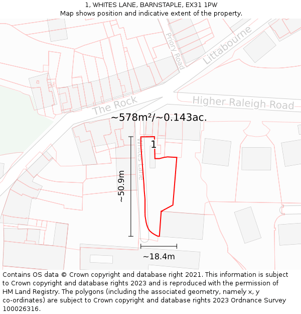 1, WHITES LANE, BARNSTAPLE, EX31 1PW: Plot and title map