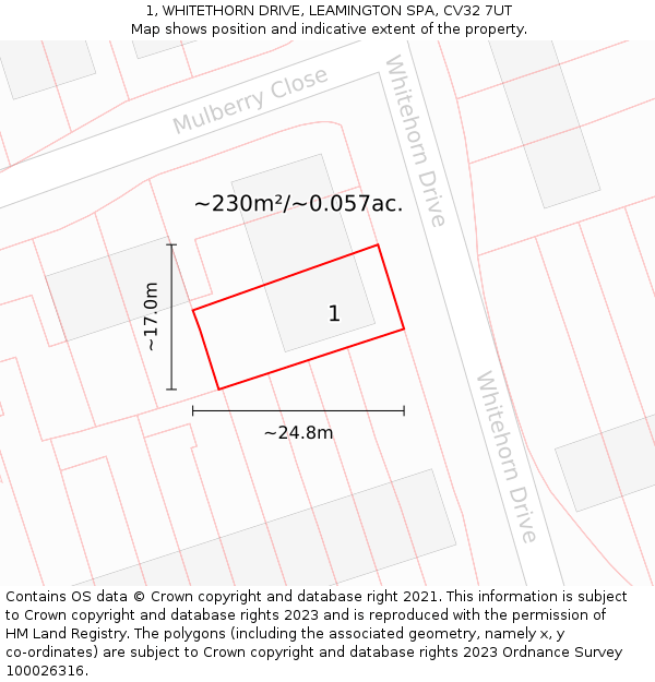 1, WHITETHORN DRIVE, LEAMINGTON SPA, CV32 7UT: Plot and title map