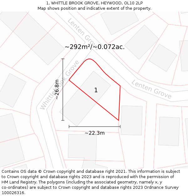 1, WHITTLE BROOK GROVE, HEYWOOD, OL10 2LP: Plot and title map