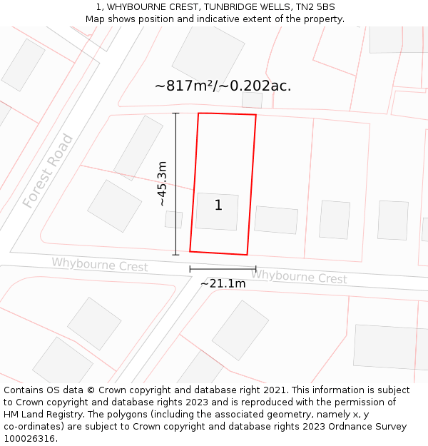 1, WHYBOURNE CREST, TUNBRIDGE WELLS, TN2 5BS: Plot and title map