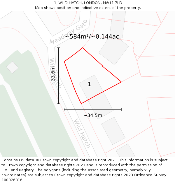 1, WILD HATCH, LONDON, NW11 7LD: Plot and title map