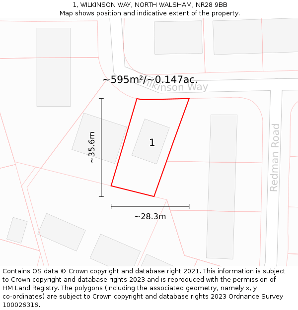 1, WILKINSON WAY, NORTH WALSHAM, NR28 9BB: Plot and title map