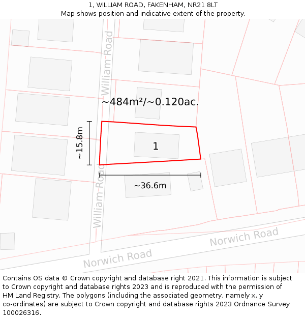 1, WILLIAM ROAD, FAKENHAM, NR21 8LT: Plot and title map