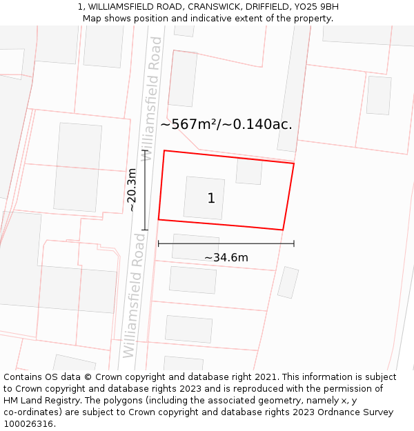 1, WILLIAMSFIELD ROAD, CRANSWICK, DRIFFIELD, YO25 9BH: Plot and title map