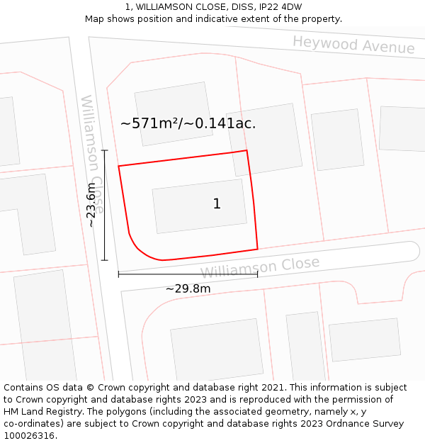 1, WILLIAMSON CLOSE, DISS, IP22 4DW: Plot and title map