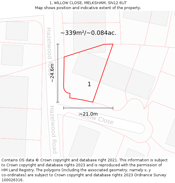 1, WILLOW CLOSE, MELKSHAM, SN12 6UT: Plot and title map