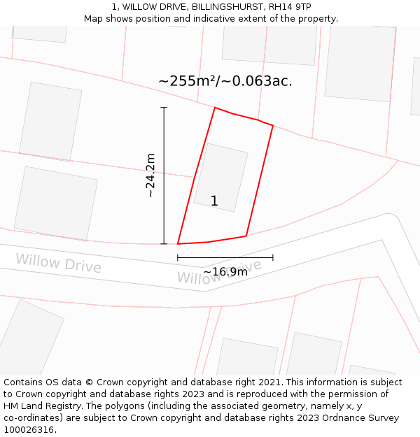 1, WILLOW DRIVE, BILLINGSHURST, RH14 9TP: Plot and title map