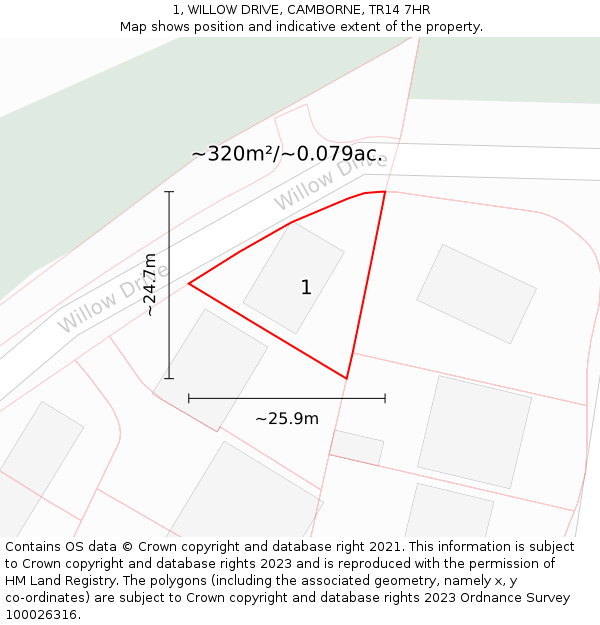 1, WILLOW DRIVE, CAMBORNE, TR14 7HR: Plot and title map