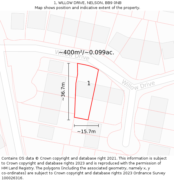 1, WILLOW DRIVE, NELSON, BB9 0NB: Plot and title map