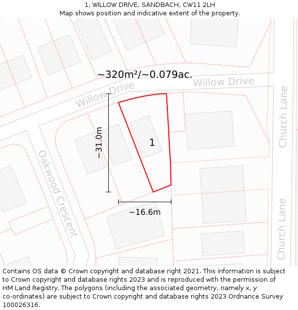 1, WILLOW DRIVE, SANDBACH, CW11 2LH: Plot and title map