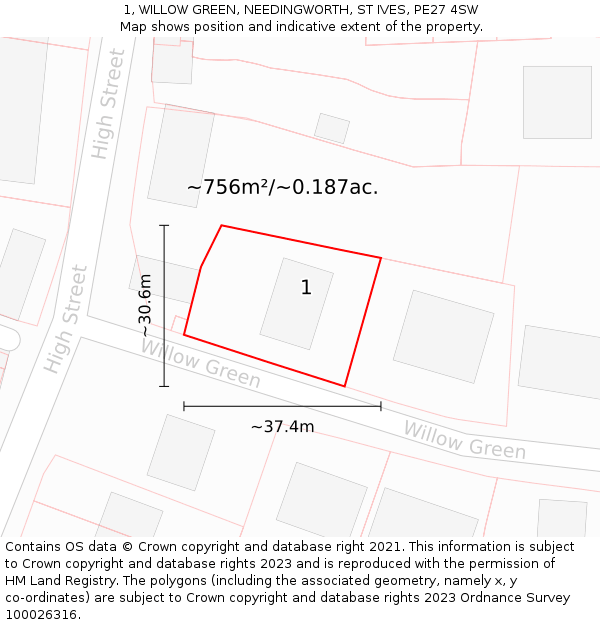 1, WILLOW GREEN, NEEDINGWORTH, ST IVES, PE27 4SW: Plot and title map