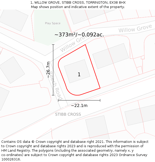 1, WILLOW GROVE, STIBB CROSS, TORRINGTON, EX38 8HX: Plot and title map