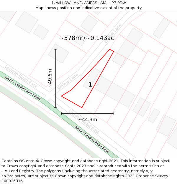 1, WILLOW LANE, AMERSHAM, HP7 9DW: Plot and title map