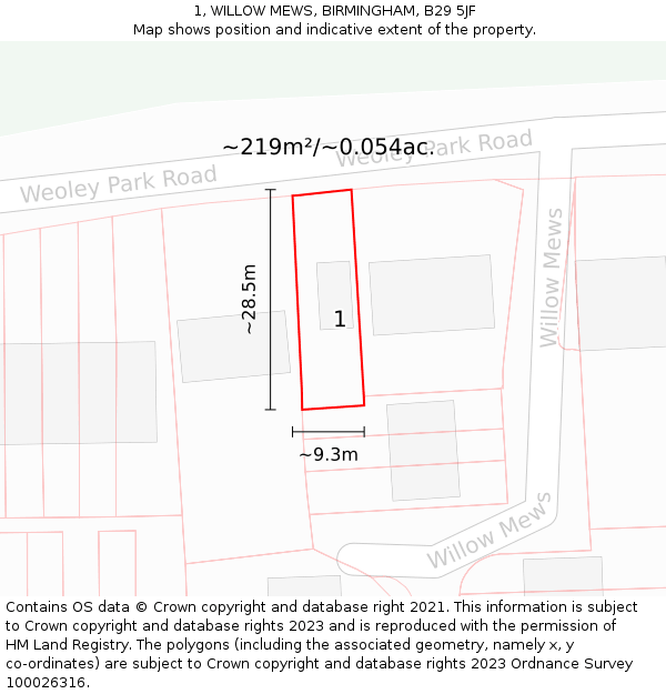 1, WILLOW MEWS, BIRMINGHAM, B29 5JF: Plot and title map