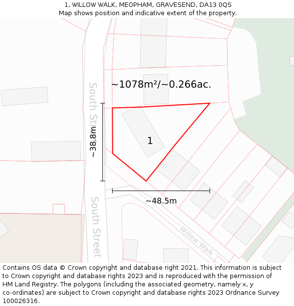1, WILLOW WALK, MEOPHAM, GRAVESEND, DA13 0QS: Plot and title map