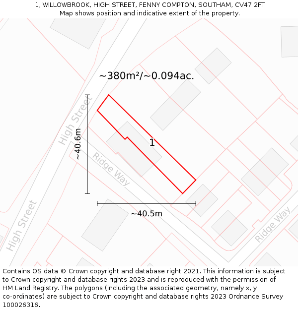 1, WILLOWBROOK, HIGH STREET, FENNY COMPTON, SOUTHAM, CV47 2FT: Plot and title map