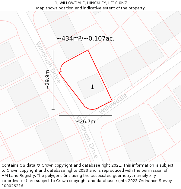 1, WILLOWDALE, HINCKLEY, LE10 0NZ: Plot and title map